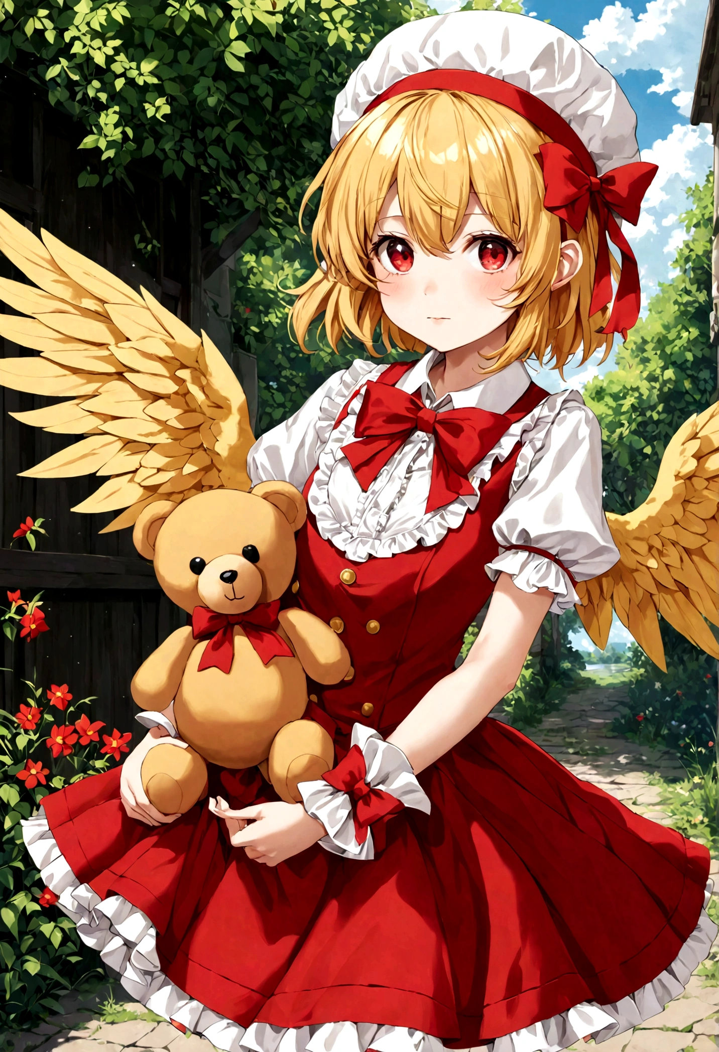 1girl, flandre scarlet, touhou, hat, mob cap, solo, blonde hair, stuffed toy, red vest, wings, stuffed animal, teddy bear, red eyes, crystal, vest, white headwear, outdoor, short sleeves, one side up, holding, puffy sleeves, skirt, shirt, pointy ears, red skirt, looking at viewer, puffy short sleeves, ascot, yellow ascot, wrist cuffs, white shirt, holding stuffed toy, bow, frills, red bow, collared shirt, ribbon, frilled shirt collar, red ribbon, medium hair masterpiece, best quality, very aesthetic, absurdres