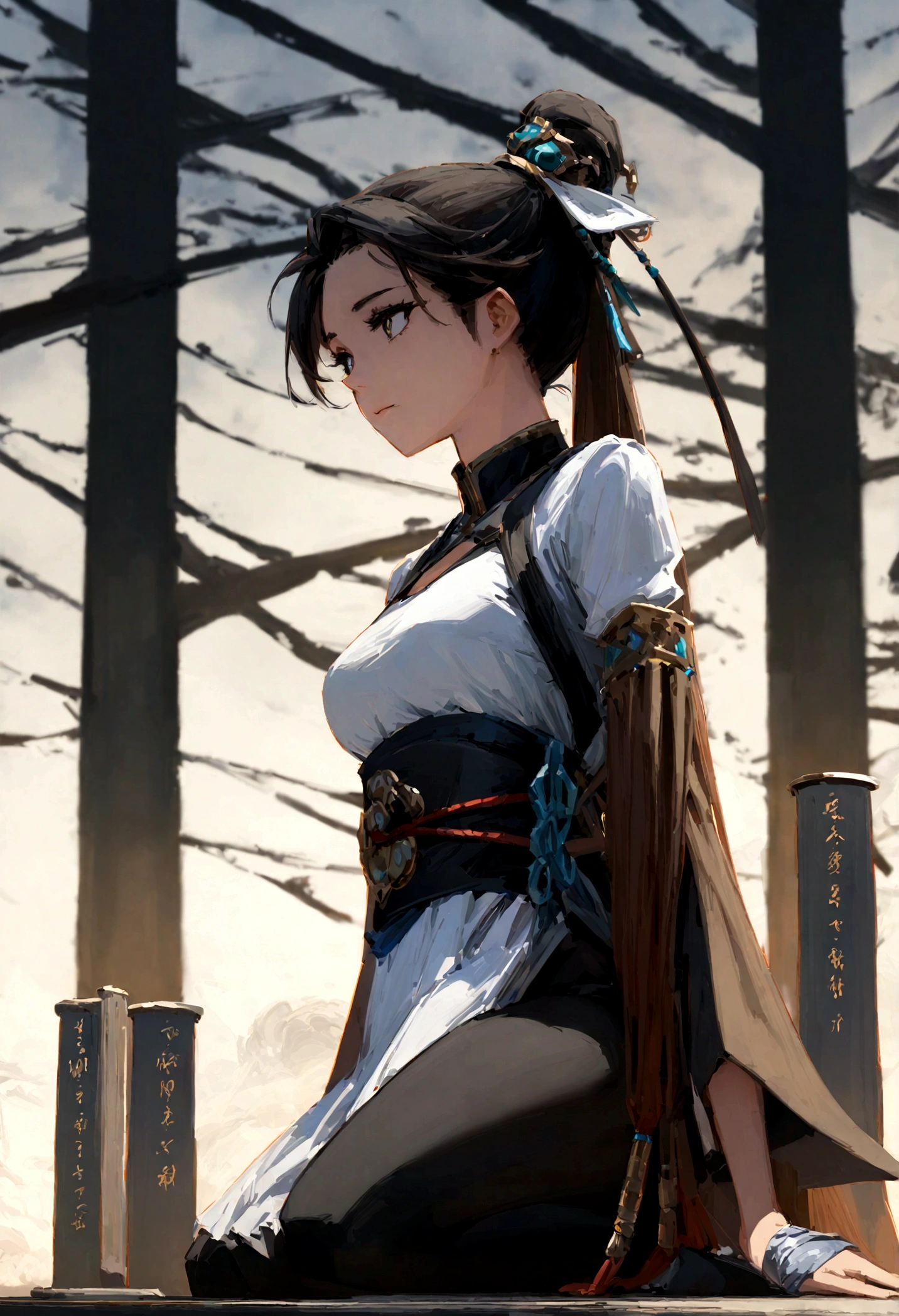 (ink, Astonishing: 1.3, Unity 8k wallpaper, Practical, detailed: 1.2, masterpiece, illustration), [((1 girl), superior_Body, Dynamic Angle, world masterpiece theater: 1.2, best quality, restraint, beautiful, Ghost Dance Sweater, Long hair flying, Soft sheen: 0.8, Chrysanthemum double petal), :( light: 1.3, only_Flare: 1.2, Dunhuang Elements)]