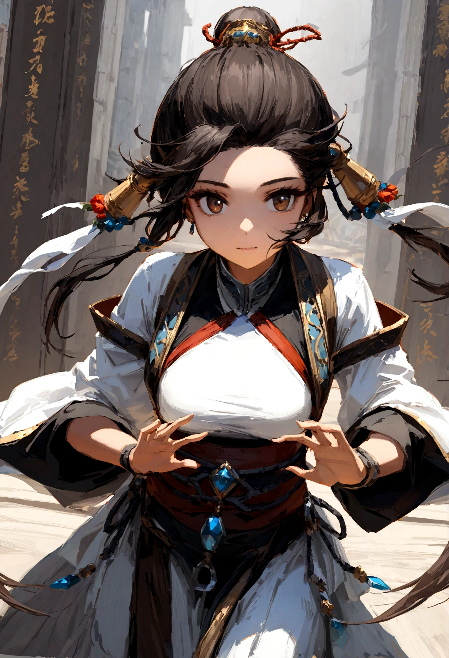 (ink, Astonishing: 1.3, Unity 8k wallpaper, Practical, detailed: 1.2, masterpiece, illustration), [((1 girl), superior_Body, Dynamic Angle, world masterpiece theater: 1.2, best quality, restraint, beautiful, Ghost Dance Sweater, Long hair flying, Soft sheen: 0.8, Chrysanthemum double petal), :( light: 1.3, only_Flare: 1.2, Dunhuang Elements)]