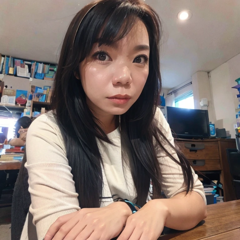 There is a woman sitting at the desk,Holding a notebook, Lost in thought, Thinking posture, Look to the side outside the camera, Look away from the camera, Bored expression, Sitting on the lab bench, Look away from the camera, thoughtful gesture, Side pose, Chiho, Lost in thought, She had an indifferent expression, Thoughtful expression, A young Asian woman
