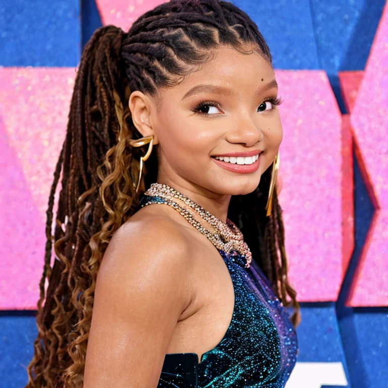 (masterpiece, best quality:1.2), 1girl, solo, halle bailey, dark skin, black dress