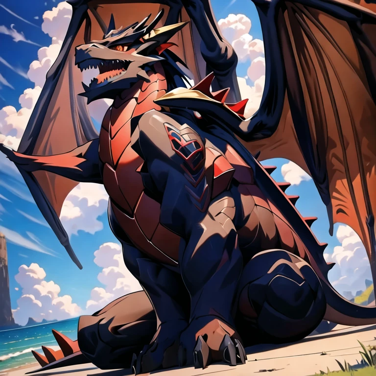 (masterpiece, best quality:1.2), solo, A handsome and deadly mid sized black and red dragon with golden shiny horns protruding from its head. His wings are obsidian black with red on the inner flesh of the wing; sharp teeth (((Sitting on Hind Legs))), outside, (((Naked Dragon))) (((Plain Background)))