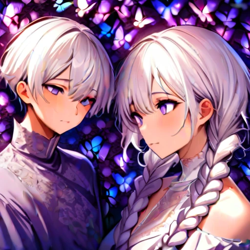 (masterpiece, best quality:1.2), A young couple，Half-length portrait， Purple Eyes，Bright Eyes，(((Girl White Hair - Purple - 2 Long Braids)))，(((Boys short hair)))。High Neck Lace Off-Shoulder Dress，Rose flower wall background，Surrounded by swarms of butterflies，blur background，dream，Aesthetic
