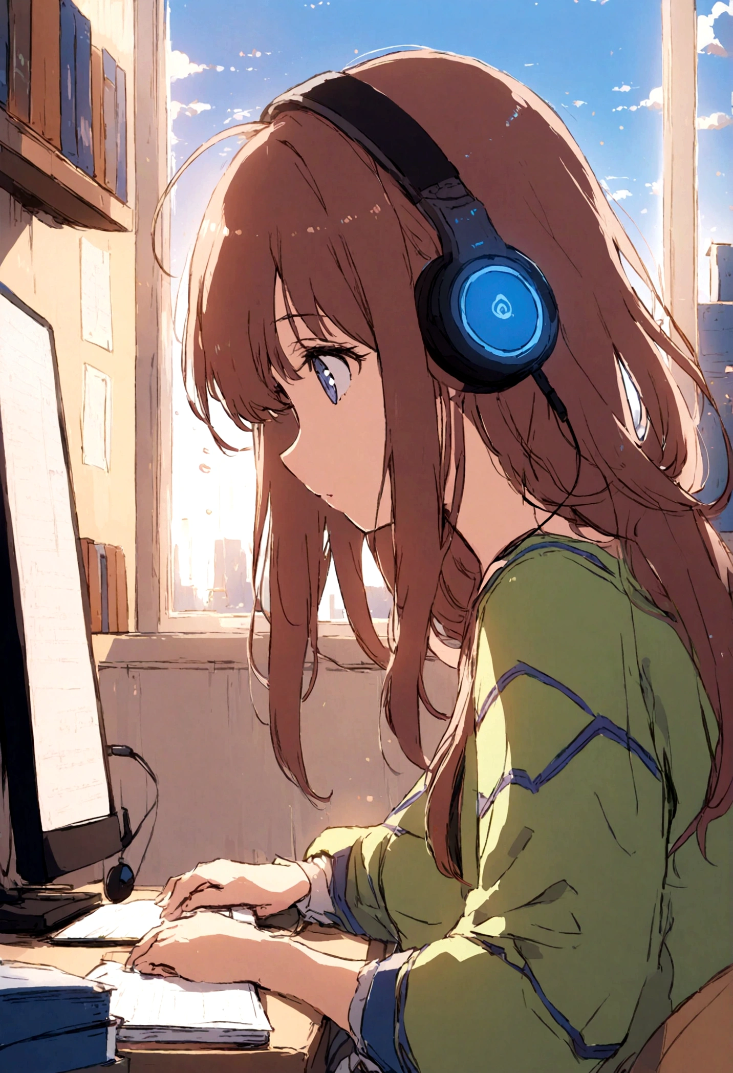 Sitting at the desk in the room、is reading a book while listening to music on headphones、Long Hair Girl、Big eyes、Beautiful Face、profile、Dignified、Illustration Style