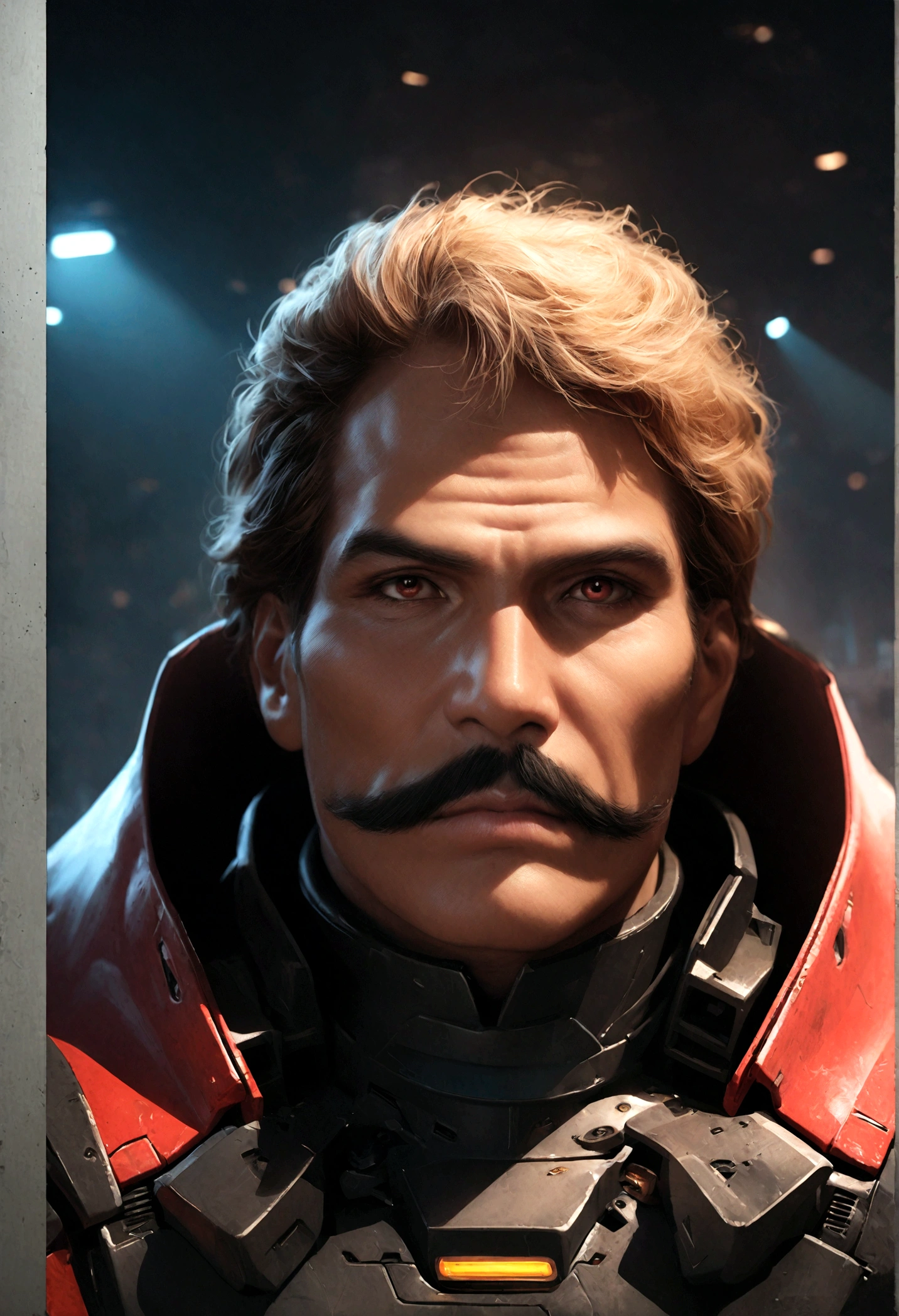 1 boy, male focus, Ramba Ral, gundam, detailed face, detailed eyes, detailed nose, detailed lips, extremely detailed facial features, highly detailed portrait, hyperrealistic, 8k, photorealistic, studio lighting, digital art, concept art, sci-fi, mecha, machinery, military, dramatic lighting, cinematic, vivid colors, dynamic composition