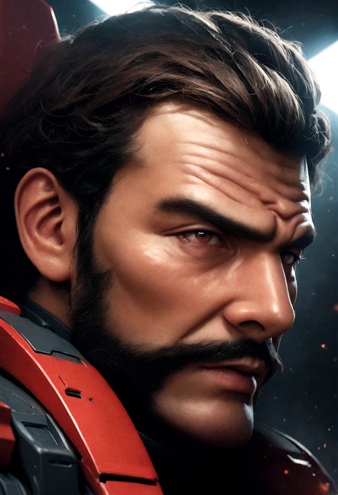 1 boy, male focus, Ramba Ral, gundam, detailed face, detailed eyes, detailed nose, detailed lips, extremely detailed facial features, highly detailed portrait, hyperrealistic, 8k, photorealistic, studio lighting, digital art, concept art, sci-fi, mecha, machinery, military, dramatic lighting, cinematic, vivid colors, dynamic composition