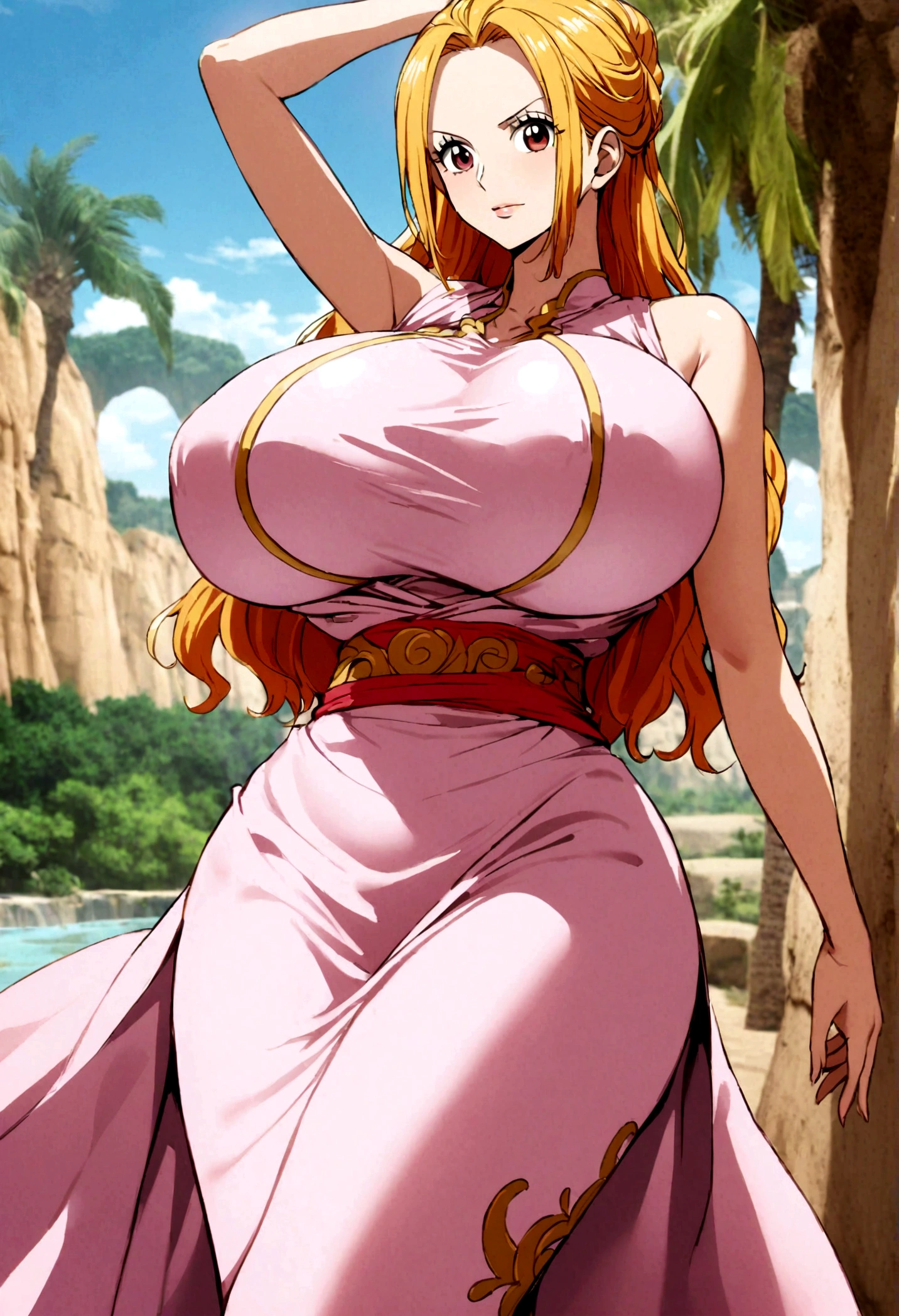 1girl, nefertari vivi, one piece, covered gigantic breasts, oasis background, detailed beautiful dress
