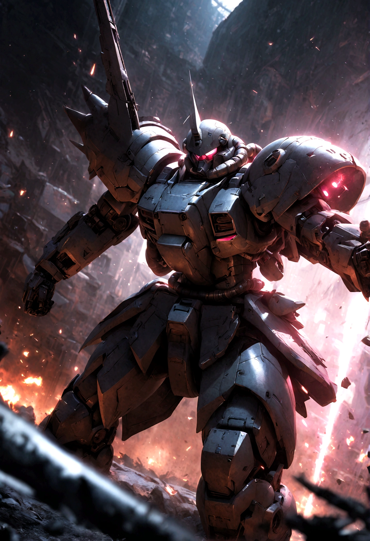 1girl, highly detailed gouf, highly detailed gundam, realistic, photorealistic, 8k, hyper detailed, highly intricate details, cinematic lighting, dramatic lighting, vibrant colors, epic sci-fi, mecha, futuristic, mechanical, industrial, sleek, sharp, precise, polished, grungy, grounded, gritty, intricate textures, depth of field, dramatic angle, dynamic pose, powerful, imposing