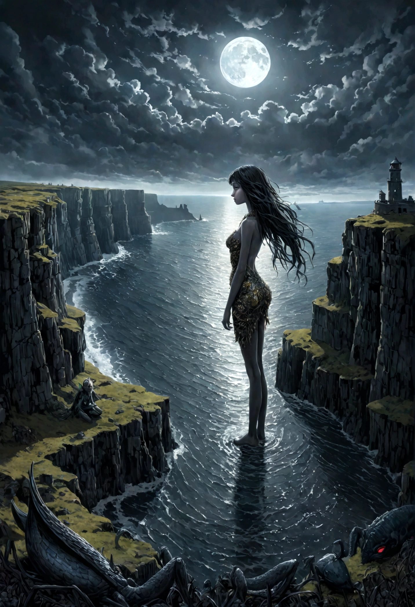Chalcopyrite Mermaid,moana,golden black make up,longhair,goblin,freckles,pretty face,eyebrow up,full body shot,ominous landscape,glate gray atmosphere,Simon Stalenhag,Nicola Samori,Wangechi Mutu,prime colors,Lisa Frank, ,urban,extremely detailed, [night landscape],masterpiece,intricate details,faded,eyes extremely detailed, high detailed eyes,16k resolution,RAW, Nikon Z9,city on background,chinesse,pixie,sea,RAW,Retina,full body length,Obsidian Chalsedoon Nightcrawler,ominous landscape, niobium Obsidian atmosphere,dangerous atmosphere,intricate details,realistic humid skin,extremely intricate details,Epic Realistic, cinematic style,film grain,dramatic light,anatomically correct,faded,eyes extremely detailed, high detailed eyes,UHD,Retina,HDR,CinematicTechnicolor,natural skin textures, hyper realism, hyper detailed,High contrast,Realism,Ultra Detailed,irina yermolova,close full body shot, masterpiece,faded,8k resolution,RAW, Nikon Z9,Cliffs of Moher of Ireland