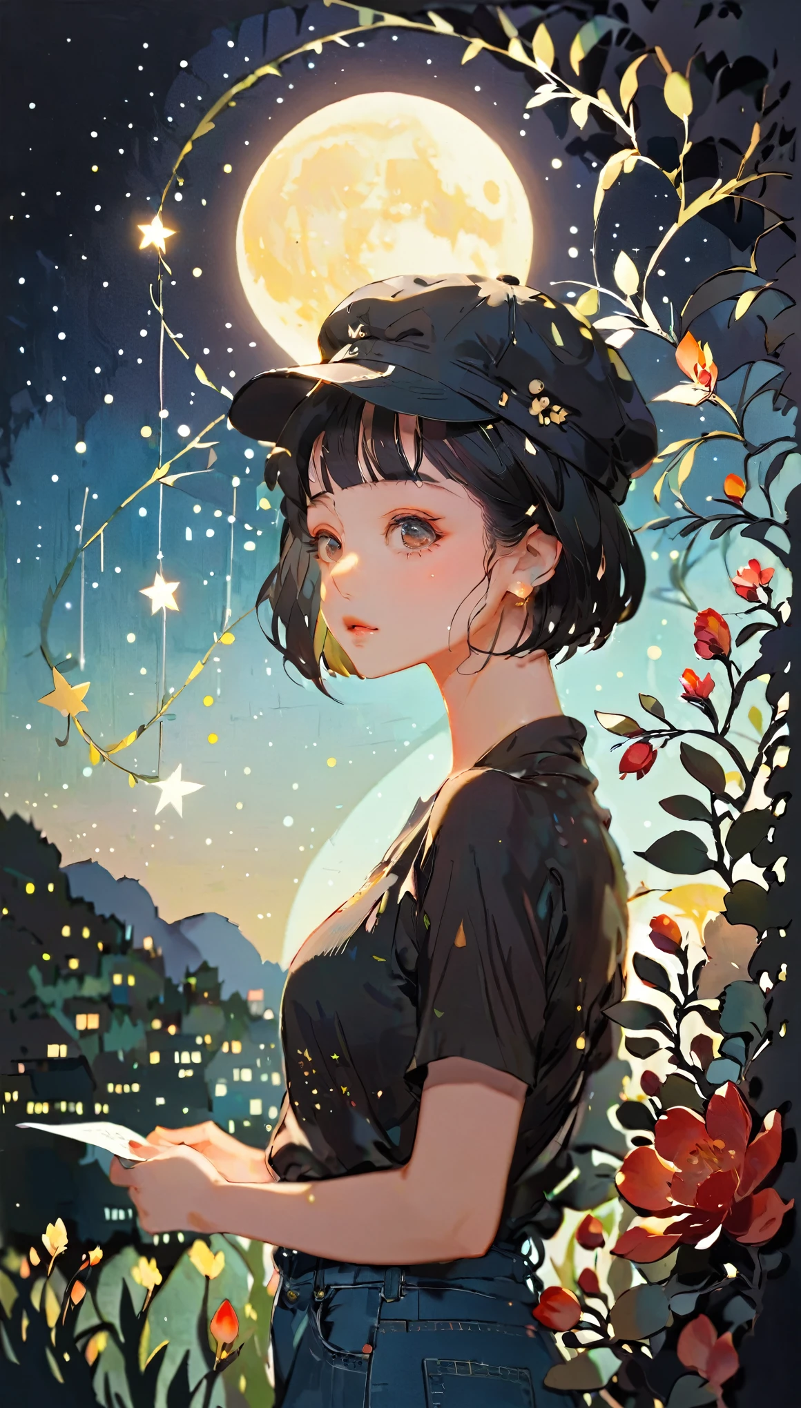 (((paper cutting style))), 1 girl, short black short hair, cap, shirts and denim, portfolio, gazing at a star-filled night sky
