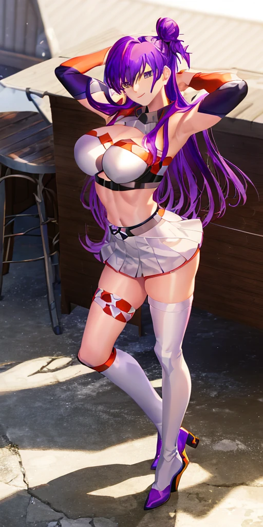 (((1 girl))) short hair, earings ,glossy lips ,team rocket uniform, red letter R, white skirt, white crop top, black thigh-high boots, black elbow gloves, evil smile, looking at viewer, cowboy shot, arms crossed, full body photo Mercedes von Martritz (Fire Emblem: Three Houses)