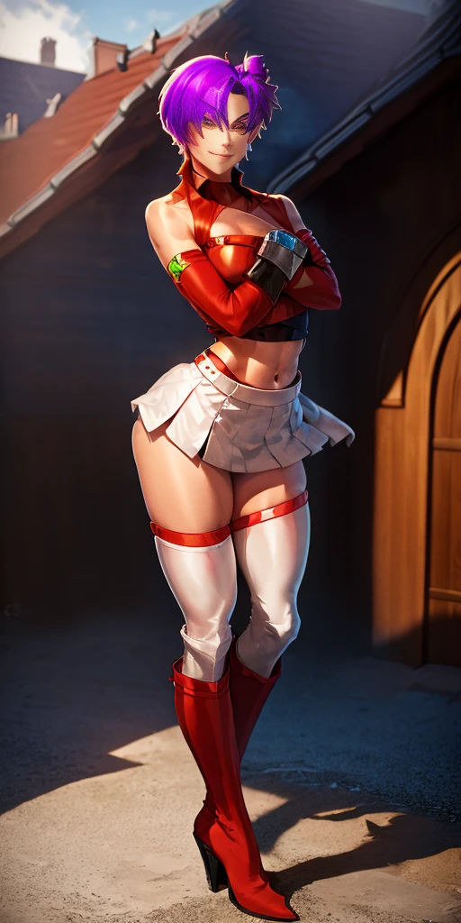 (((1 girl))) short hair, earings ,glossy lips ,team rocket uniform, red letter R, white skirt, white crop top, black thigh-high boots, black elbow gloves, evil smile, looking at viewer, cowboy shot, arms crossed, full body photo Mercedes von Martritz (Fire Emblem: Three Houses)