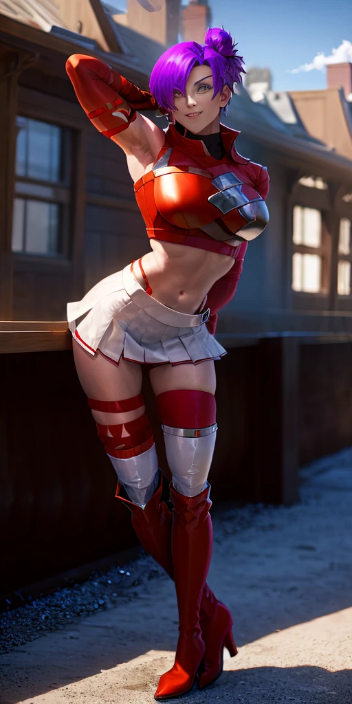 (((1 girl))) short hair, earings ,glossy lips ,team rocket uniform, red letter R, white skirt, white crop top, black thigh-high boots, black elbow gloves, evil smile, looking at viewer, cowboy shot, arms crossed, full body photo Mercedes von Martritz (Fire Emblem: Three Houses)