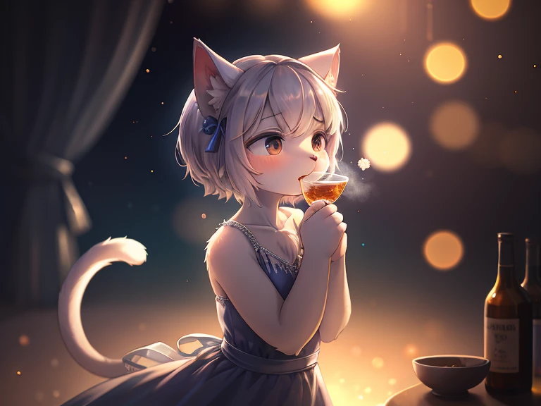Hallucination, daydream , Bokeh , A cat getting drunk after sniffing silver vine , night dress