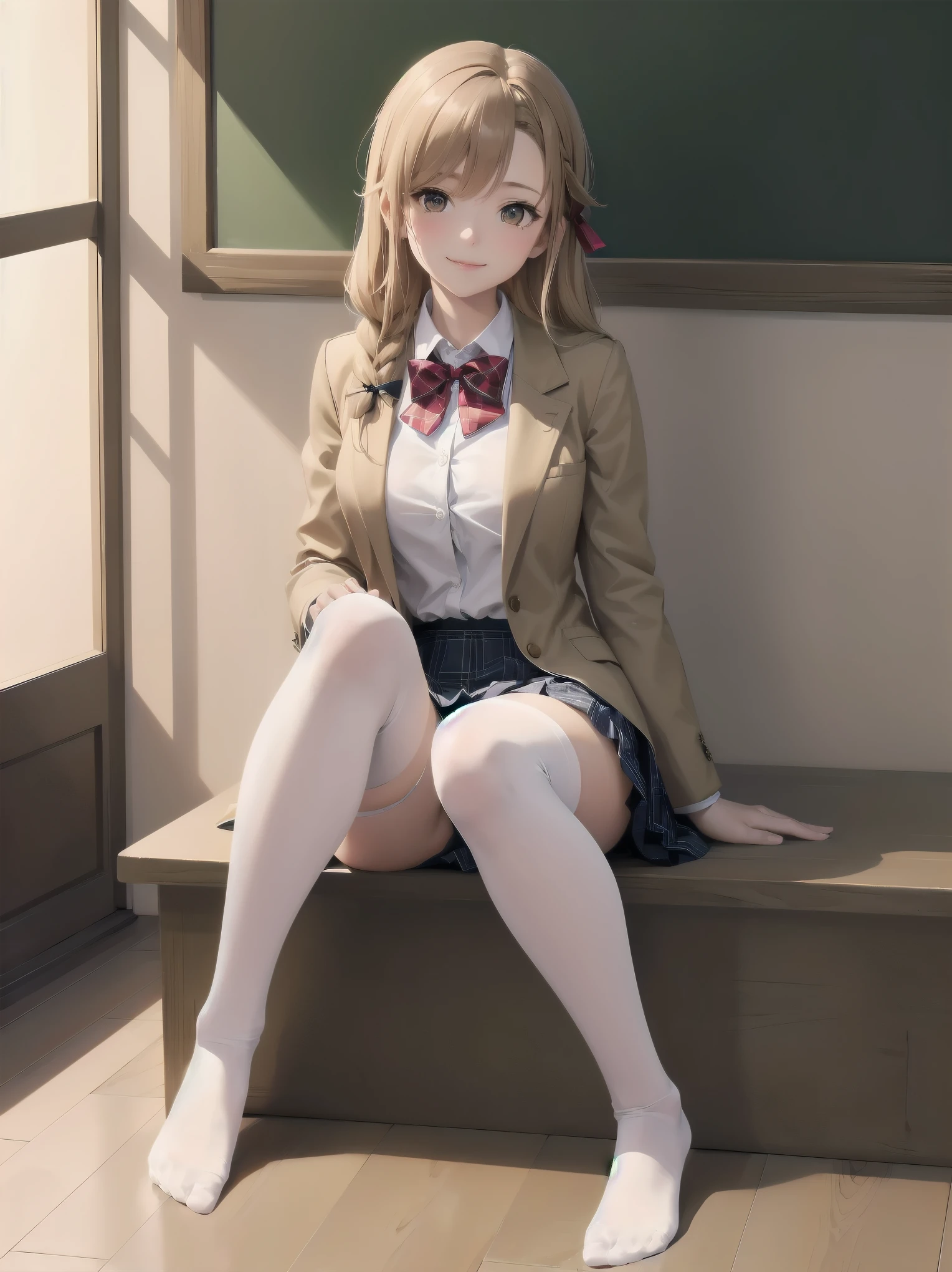 1girl, solo, long hair, breasts, looking at viewer, blush, smile, bangs, skirt, blonde hair, brown hair, shirt, thighhighs, long sleeves, bow, brown eyes, sitting, closed mouth, , jacket, full body, white shirt, braid, thighs, pleated skirt, collared shirt, indoors, bowtie, red bow, feet, white thighhighs, lips, legs, parted bangs, plaid, toes, plaid skirt, no shoes, blazer, blue jacket, red bowtie, knees up, on floor, chalkboard, asuna \(sao\)