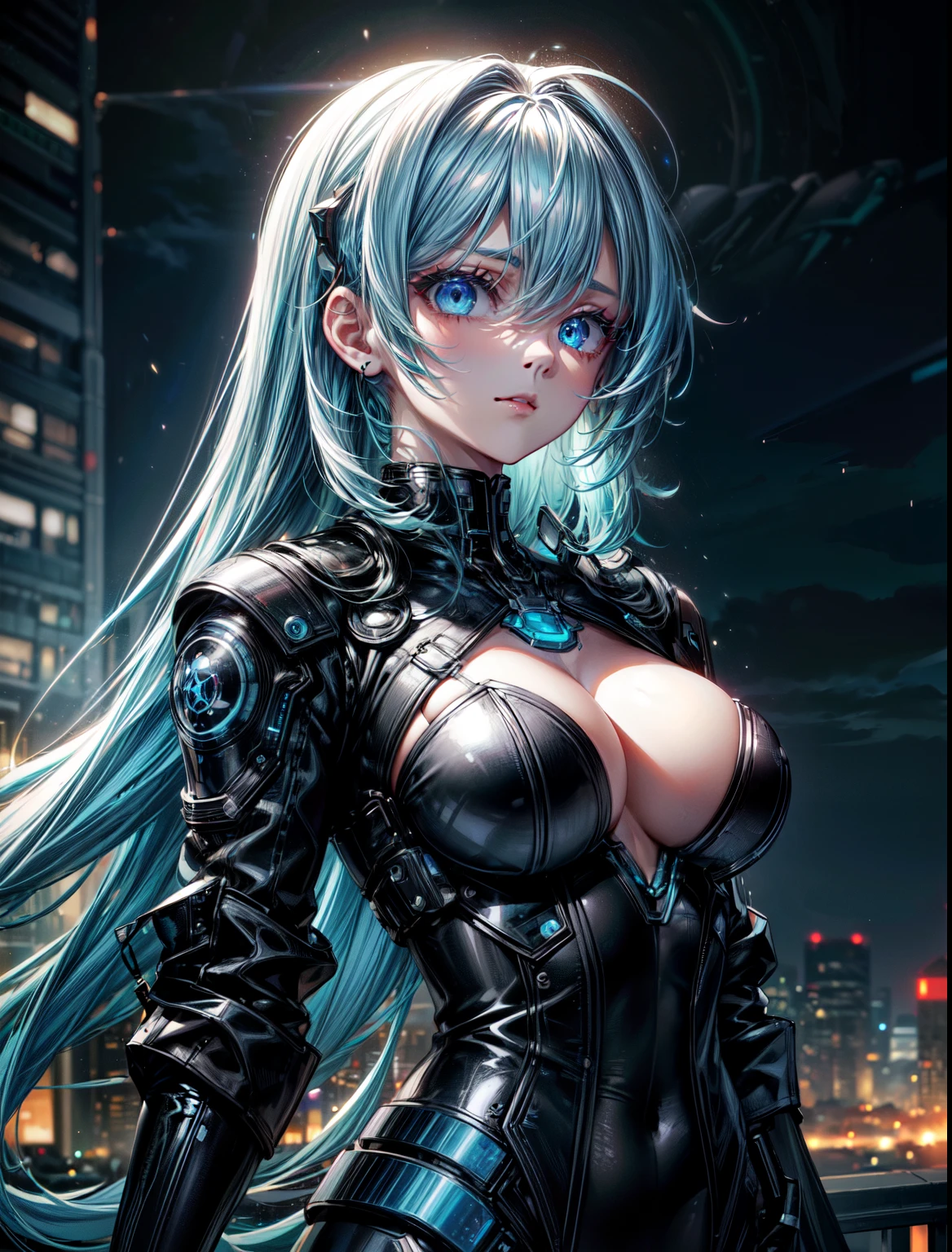 (masterpiece), (highest quality), Ultra-high resolution, Sharp focus, ((1 female, alone)), whole body, Cyberpunk Theme, Beautiful detailed hair, Light blue hair, long hair hangs down, Beautifully detailed face, ((Beautifully shaped eyes, Blue Eyes)), Perfect feminine face, View your viewers, Feminine navy blue enamel cyberpunk outfit,Techwear Jacket,refined armor, Neon lights in the city of bright colors, (At night:1.2)