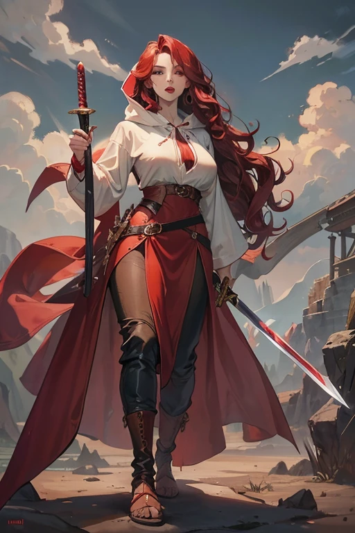 A medium breasted redhead wearing a hooded cloak and holding a sword, wide hips, thin waist, beautiful full red lips, lush wavy hair, long torpedo shaped tits, brown pants, loose white blouse