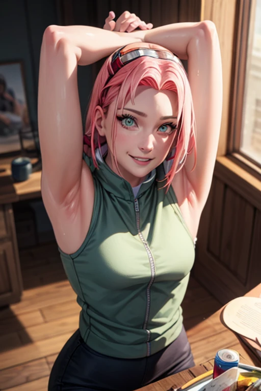 Perfect, masterpiece, (best quality, highres:1.2), 1girl, beautiful detailed eyes, beautiful detailed lips, extremely detailed eyes and face, long eyelashes, medium:oil painting, vivid colors, HDR, studio lighting, ultra-fine painting, sharp focus, physically-based rendering, extreme detail description, portraits, ((organized fingers)), curvy body, small breasts, perfect shape, facing viewer, sweaty, gorgeous, ((arms up)), sleeveless turtleneck, straddling, smiling