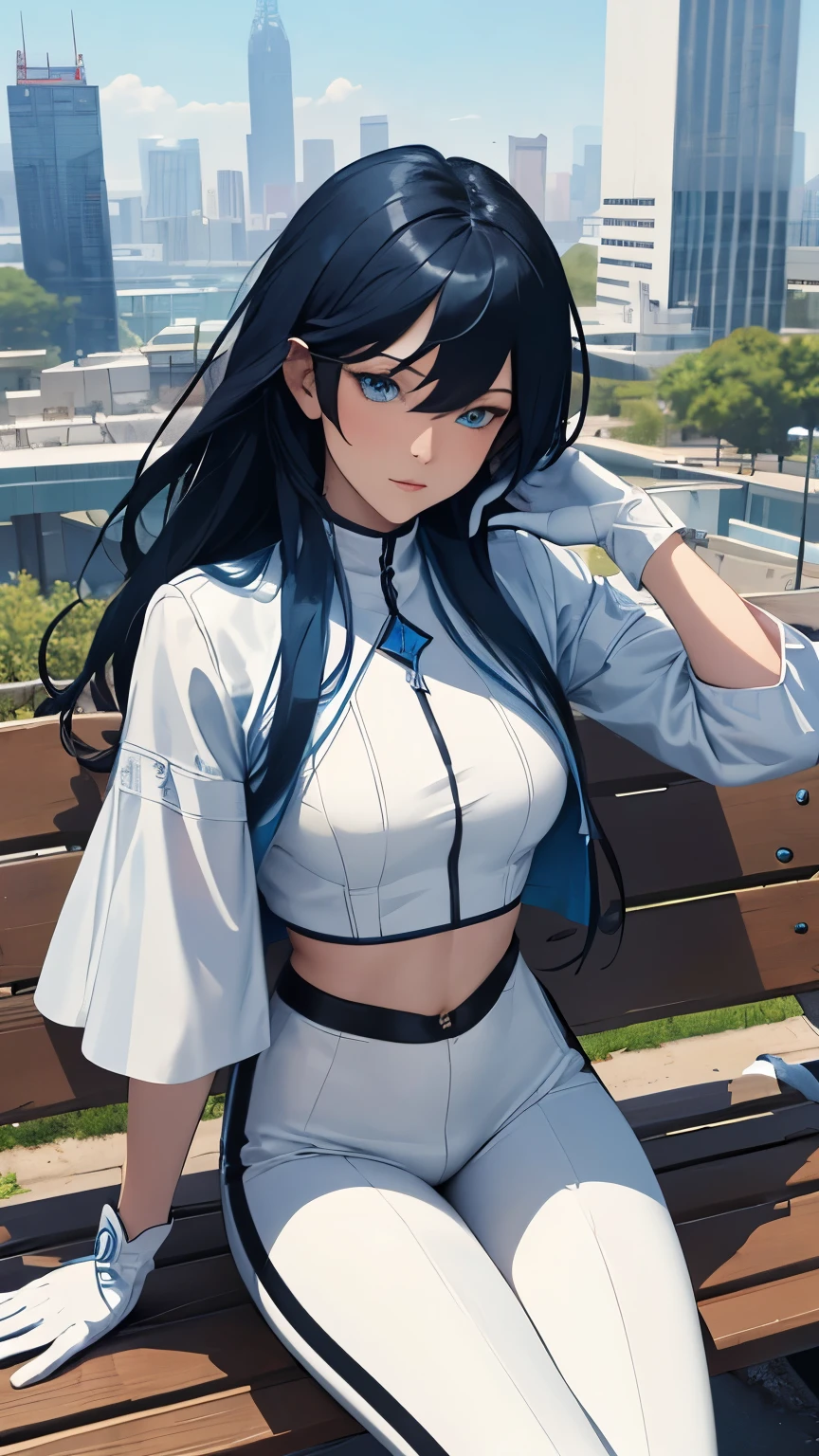 (Highly quality, masterpiece, detailed), city detailed scenario, city detailed background, solo, 1 woman, AeroMarvel, 1girl, solo, long hair, blue eyes, black hair, blue hair, white and light blue Leather cropped top, sleeves, white and light blue leather pants, White Gloves, sitting on a bench, beautiful eyes, Sexy pose