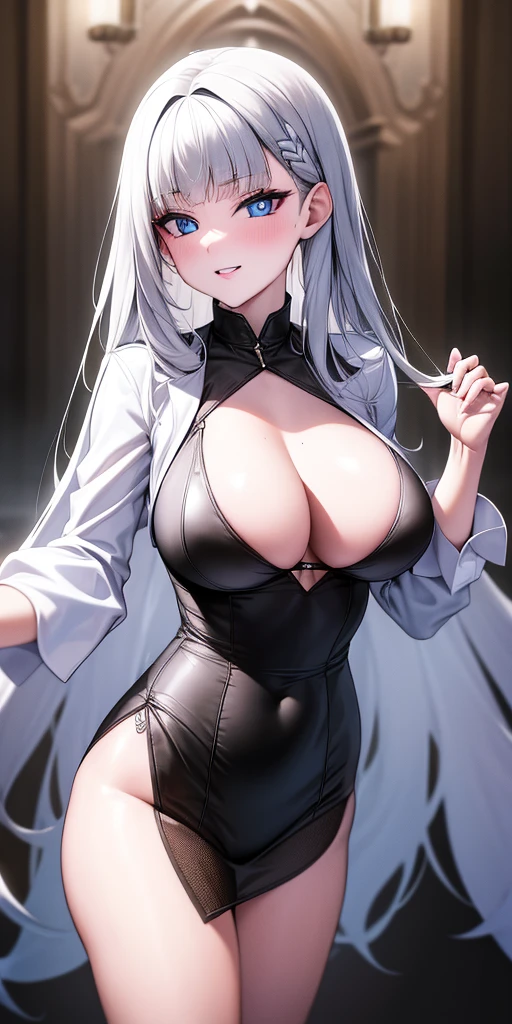 ((obra maestra)), ((mejor calidad)), (ultra detallado), ((extremadamente detallado)), 4k, (8K), mejor calidad, (Hermoso), estilo animado, mirar hacia arriba desde abajo, bar, Noche, una chica guapa, 1 chica, solo, traje, Hermoso rainbow hair, Hermoso blue eyes, ((Hermoso eyes)), De piel blanca, pendientes, cuello, sonrisa