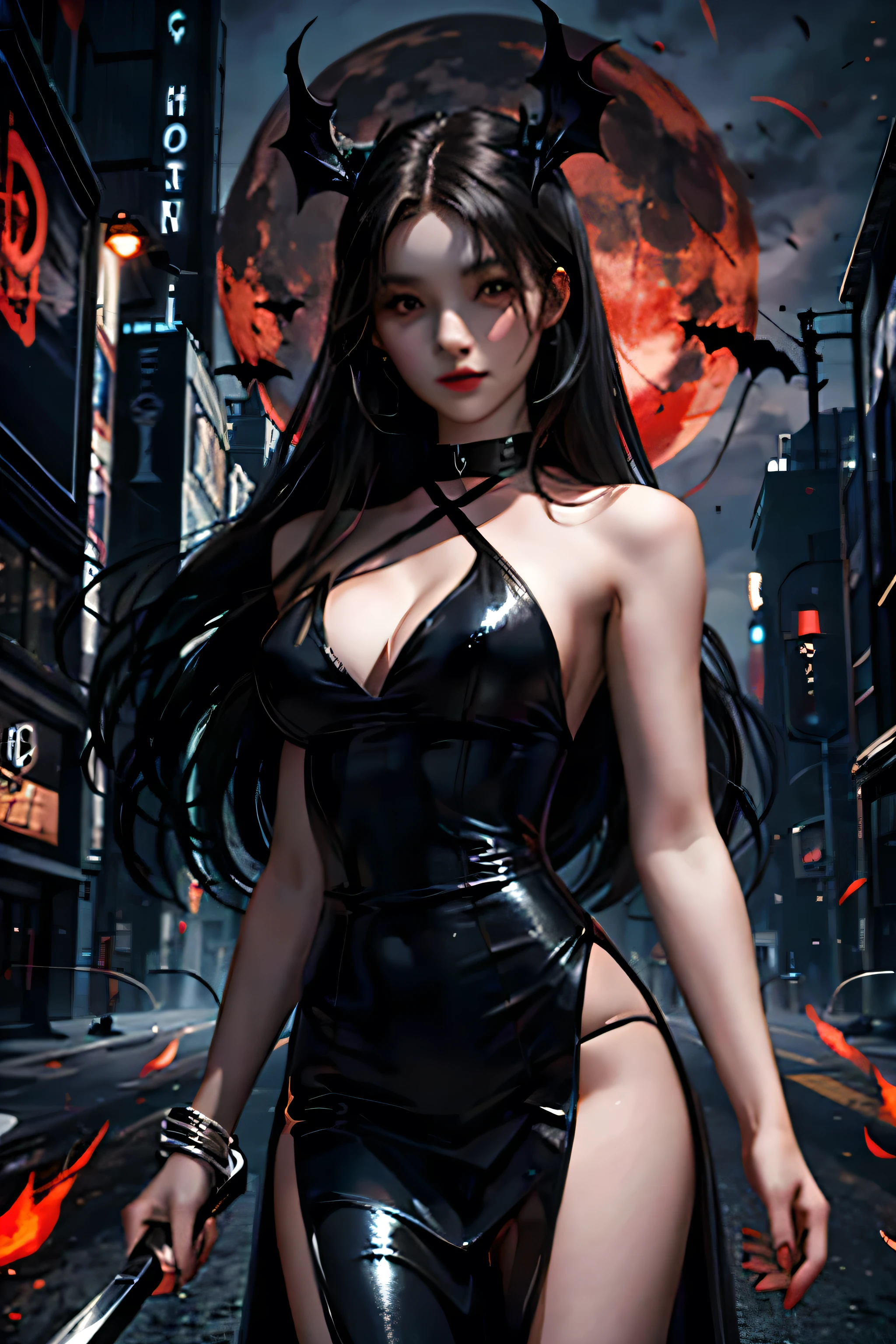 Dark dress,,Long Hair,Revealing dresses,In the city,darkness,Red Moon,bat,knife