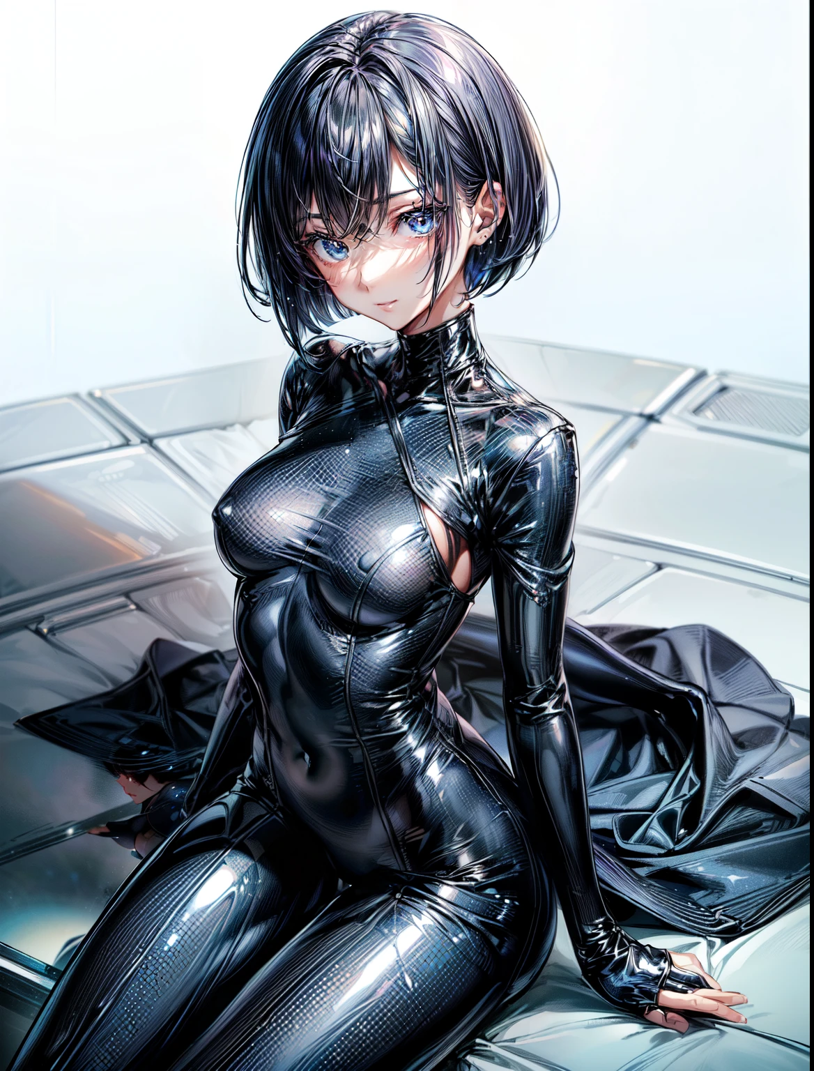 (masterpiece、highest quality、Highest Resolution、Clear_image、Detailed details、Angle from above): (Whole body、One 20 year old girl、Japanese Faces、Small Face、Slender、Navy blue super short bob cut hair、(Hidden small breasts:1.3)、Sparkling blue eyes、Shiny pilot suit in blue and black colors、、Tight fitting clothes、Clothing that covers the whole body、Glamorous clothes、Tight Fit Pants、Hide your skin、Very delicate and beautiful、Detailed Skin、hide thighs、Hide your ass、Cute、A gentle smile、Soft expression、heroine、headset、Knee-high boots、Elbow-length gloves、Eye Level Shot、Face directly、Woman on a spaceship)