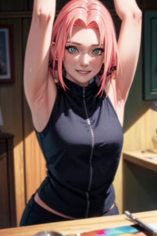 Perfect, masterpiece, (best quality, highres:1.2), 1girl, beautiful detailed eyes, beautiful detailed lips, extremely detailed eyes and face, long eyelashes, medium:oil painting, vivid colors, HDR, studio lighting, ultra-fine painting, sharp focus, physically-based rendering, extreme detail description, portraits, ((organized fingers)), curvy body, small breasts, perfect shape, facing viewer, sweaty, gorgeous, ((arms up)), sleeveless turtleneck, straddling, smiling