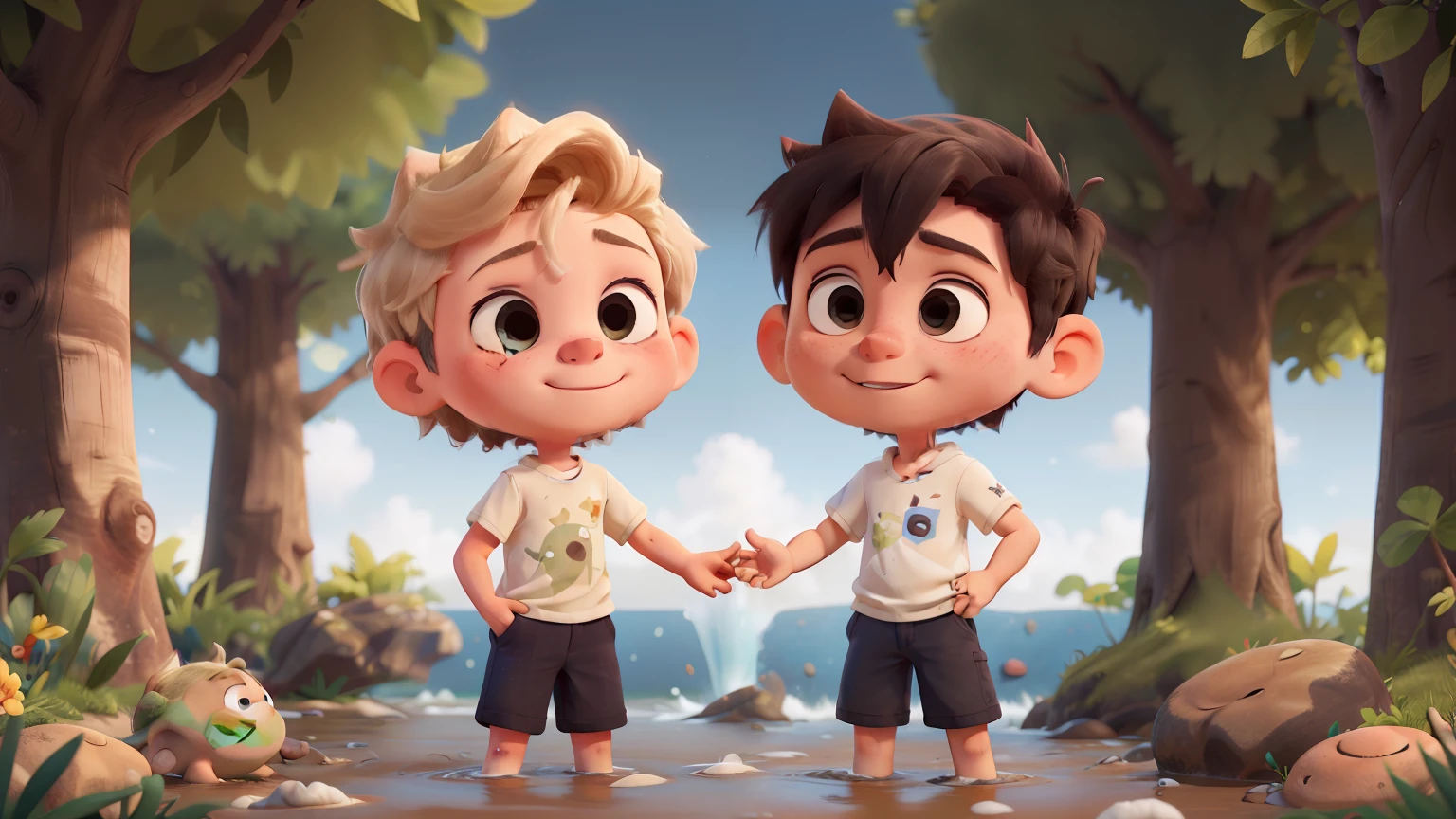 two children hugging, sendo uma de cinco anos e um menino com sete anos, they both have white skin, com cabelos loiros e olhos azuis, they are both very young