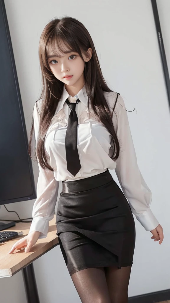 (high quality), (NSFW:1.2), Split screen vertically, 1 girl and 1 man are dating online by exchanging own photos and messages using a smartphone chatting app, 18 years old, korean, long distance relationship, The text is written in English, (a girl weared korean high school uniforms : 1.3), (pencil skirt and blouse : 1.6), light makeup, slim figure, a voluptuous pelvis, (that girl weared thin and natural pantyhose:1.3), (school uniform_blazer and tie), whole body, The girl is delighted with her gaze directed to the mobile phone screen, He then uploaded his photo to an online community using a smartphone app., In split screen, men go crazy for her pictures posted online, They send her a message inviting her to chat, and it's like a cartoon cut., She chats on mobile with men, amused by their reactions, light dyed hair, hair swept to one side, teenagers dressed poorly,