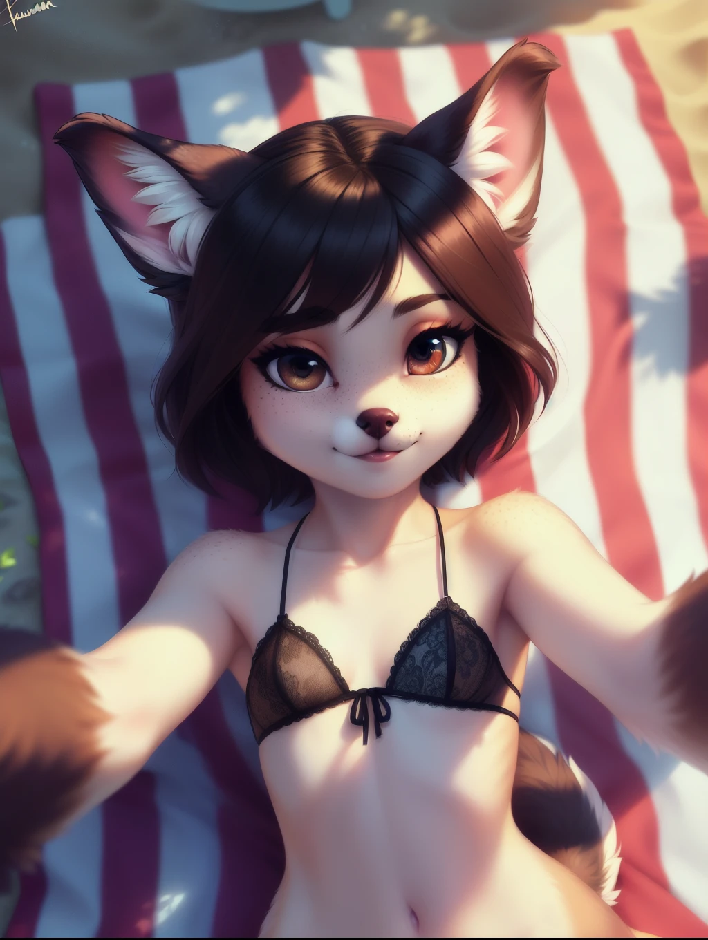 beautiful and detailed upper body portrait , ((young 10 year old anthro puppy)), anatomically correct, Schlank, Hochgeladen E621, detailed flauschige fur, (von Fluff-Kevlar, Iskra, personalami, Pino Daeni), 1girl, Microkini , adorable, beach towel , 1girl, realistic, ultra sharp image, view from above, (solo), highly detailed, first person view, masterpiece, lying on her back, short hair, flat chest, dark hair, perfect eyes, absurd resolution, cute snout, waiting, freckles , eyelashes, (kissy face), (Kissing mouth), first kiss, very young girl, detailed facial features, sharp focus, selfie, (full body 1:2), fluffy tail,