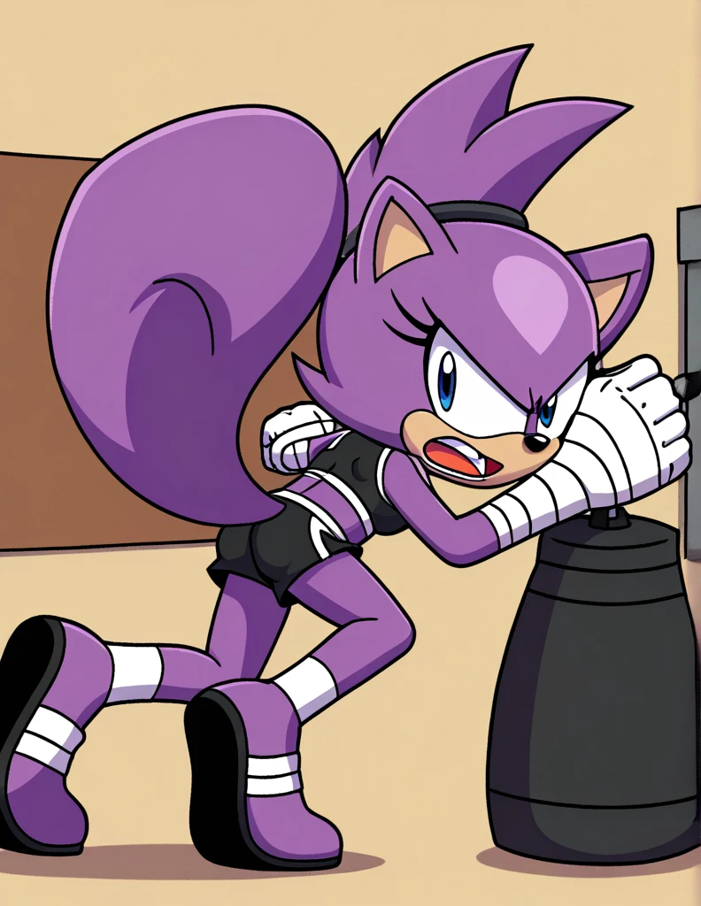 Kaori, solo, purple squirrel girl, by fumiko, by hyattlen, purple hair, blue eyes, black nose, smal squirrel tail, wearing arm wraps, arm wraps, black sports bra, black short shorts, angry, mouth open, perfect hands, 5 fingers, perfect anatomy, in a gym, kicking a heavy bag, kicking a punching bag, flying kick, jumping high, dynamic, barefoot, 4 toes