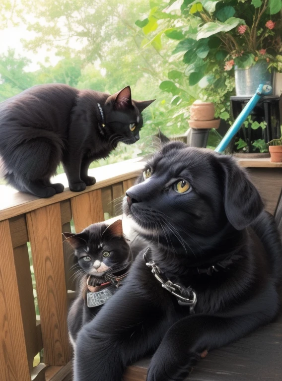 there is a black dog and a cat sitting on a porch, tiny cat riding a labrador, both smiling for the camera, menacing!, mischievous!!, smokey, looking off to the side, very silly looking, looking from side!, cat on top of dog, looking to the side, proud looking away, posing for camera, cat dog teddy mix