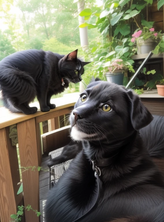 there is a black dog and a cat sitting on a porch, tiny cat riding a labrador, both smiling for the camera, menacing!, mischievous!!, smokey, looking off to the side, very silly looking, looking from side!, cat on top of dog, looking to the side, proud looking away, posing for camera, cat dog teddy mix
