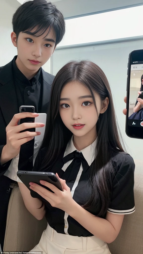  (high quality), (NSFW:1.2), Split screen vertically, 1 girl and 1 man are dating online by exchanging own photos and messages using a smartphone chatting app, 18 years old, korean, long distance relationship, The text is written in English., they weared korean high school uniforms, whole body, Focus your eyes on your phone screen and be happy, Upload your photos to an online community using a smartphone app, Men are crazy about her posts online, just like cartoon cuts., They&#39;re sending her messages asking to chat, You are amused by their reactions,  light makeup, slim figure, (girl weared thin and natural pantyhose : 1.9), (girl weared slim high_school uniform_pencil skirt and blouse : 1.6),(a man weared high school uniform_shirts and pants:1.5), (they weared school uniform_blazer and tie),