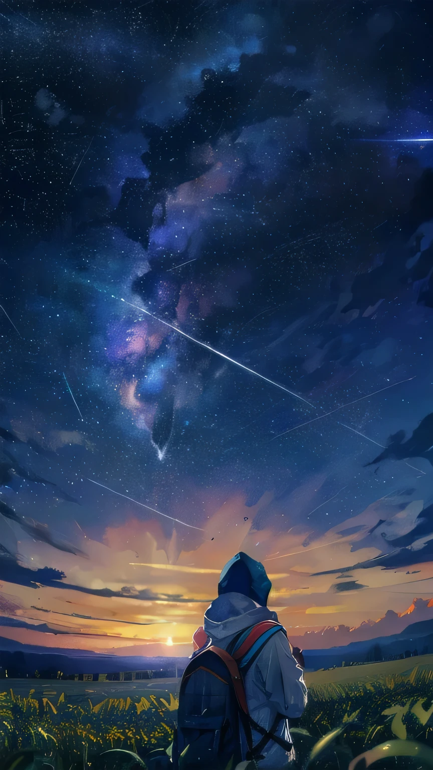 (meteor shower:1.2), (comet:1.1), low angle, from behind, aroura borealis, shooting star, man standing in a field, use hoodie and backpack, best quality, masterpiece, cloud,colorful, starry,stars,