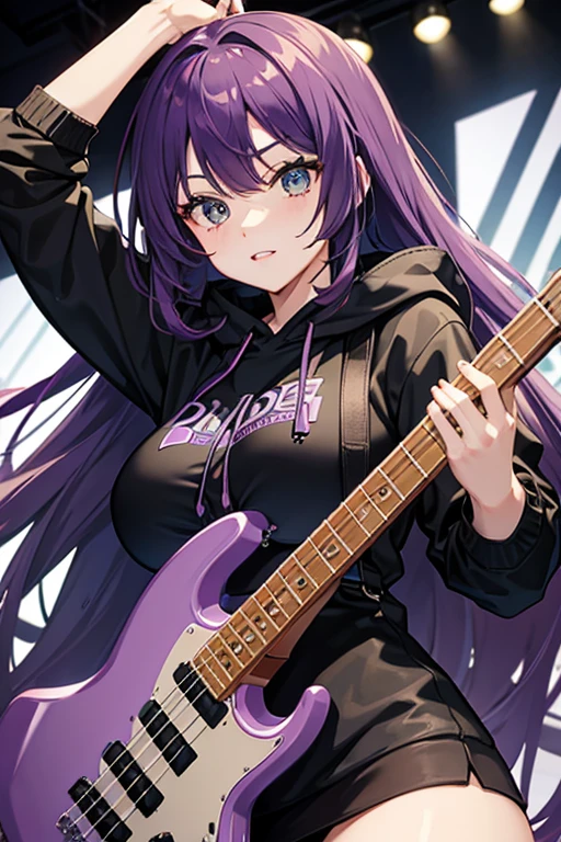 background through, purple hair girl, green eyes、Super high quality, 8K、Upper body、Band bassist、black hoodie、bassguitar、big tits, purple-haired girl、beautiful eyes