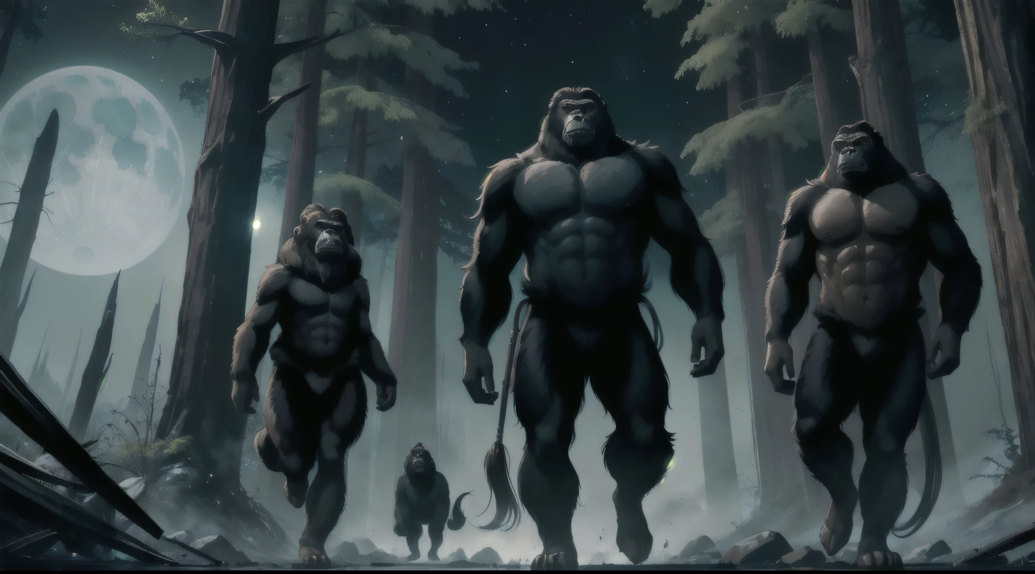 SCP-1000 - Bigfoot, from SCP lore, SCP-1000 is a Bigfoot-like nocturnal, omnivorous ape, classified in the Hominini branch, adults range in size from  to 3 m (5 to 10 ft) in height, and weigh between 90 and 270 kg (200 - 600 lbs), They have grey, brown, black, red, and occasionally white fur, They possess large eyes with good vision, a pronounced brow ridge, and a sagittal crest on the forehead similar to that of the gorilla, but present in both sexes, manifesting themselves as a few eerie looking weird looking freak. They are swift and swift jumping upwards through intergalactic caverns, their irises visible beneath the luminosity of the moonlight, their eyes gleaming with exposure, they are gentle but firm, and they are gentlepeople at peace with people they respect, forest digital illustration by Greg Rutkowski, dynamic poses, concept art, sci-fi, 4K, UHD