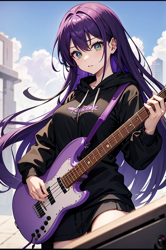 background through, purple hair girl, green eyes、Super high quality, 8K、Upper body、Band bassist、black hoodie、bassguitar、big tits, purple-haired girl、beautiful eyes