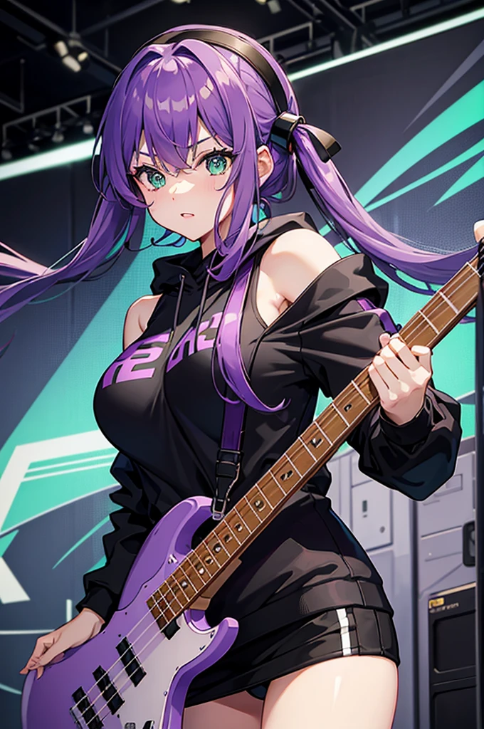 background through, purple hair girl, green eyes、Super high quality, 8K、Upper body、Band bassist、black hoodie、bassguitar、big tits, purple-haired girl、beautiful eyes