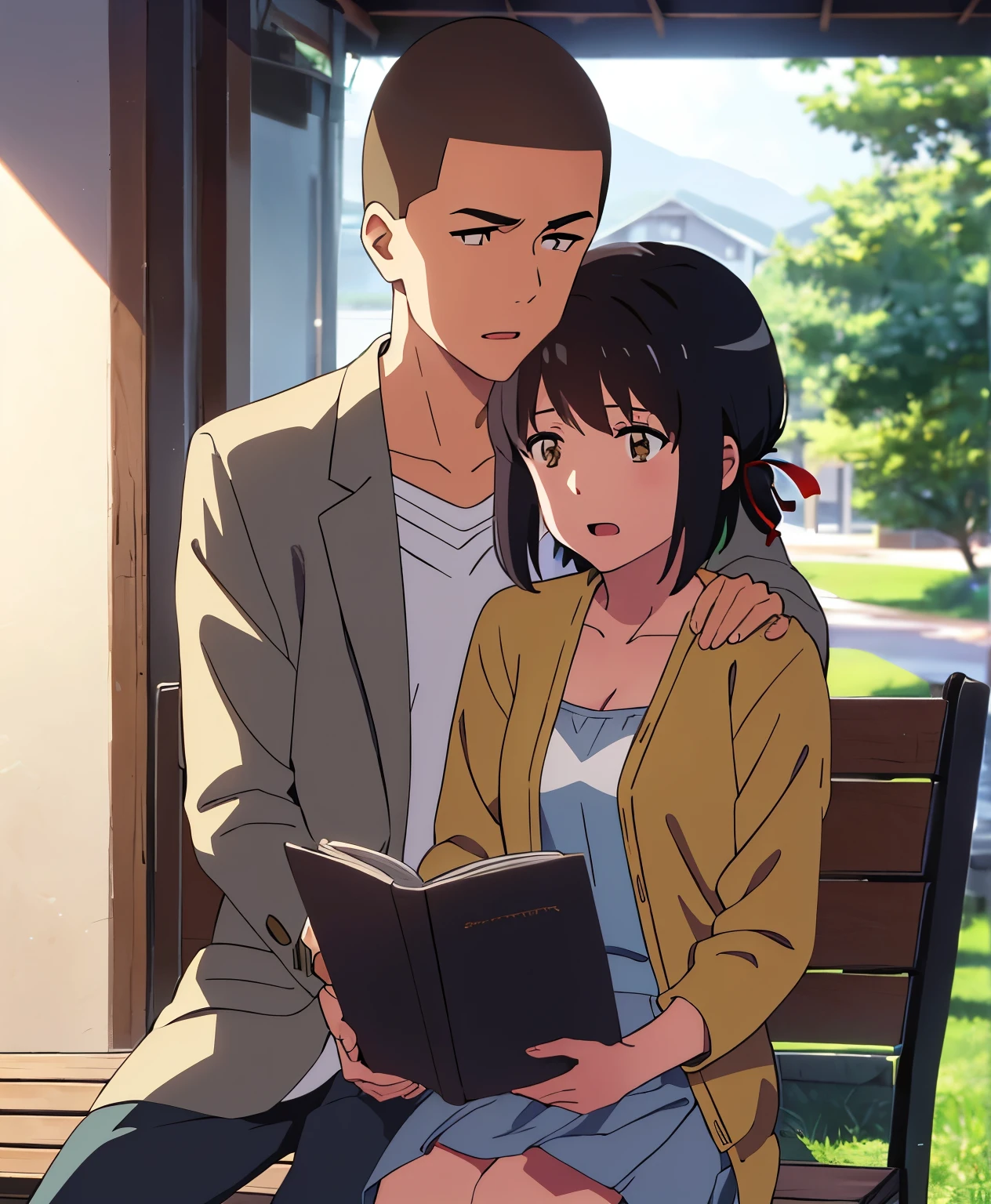 shinkai makoto, kimi no na wa., {1boy, buzzcut,} boy buzzcut passionate hug, buzzcut boy is hugging from behind, 1girl, black hair, brown eyes, open mouth, short hair, har band, hair ribbon, yellow cardigan, , white dress skirt, perfect anatomy, cowboyshot, sit on bench chair, reading a book, outdoors, school university, sky, school building,