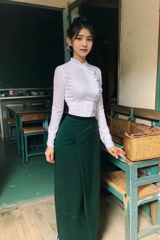 A school teacher is 30years old.Tall, thin, big hips, big breasts, black hair, small lips, brown eyes, attractive, K.Top=white Burmese blouse,With long sleeves,Buttoned at the side.Bottom=(Dark green) long skirt.
Footwear=female Burmese sandals,The hair is knotted bun.