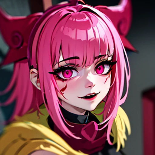 girl,with a face full of blood, blood on her clothes,scary smile, yandere, dark eyes, pink eyes, pink hair, crazy,black clothes,blur in the eyes,golden scarf,licking blood,an eye patch on the face,with a headset,with the mouth cut on the side, eyes widen