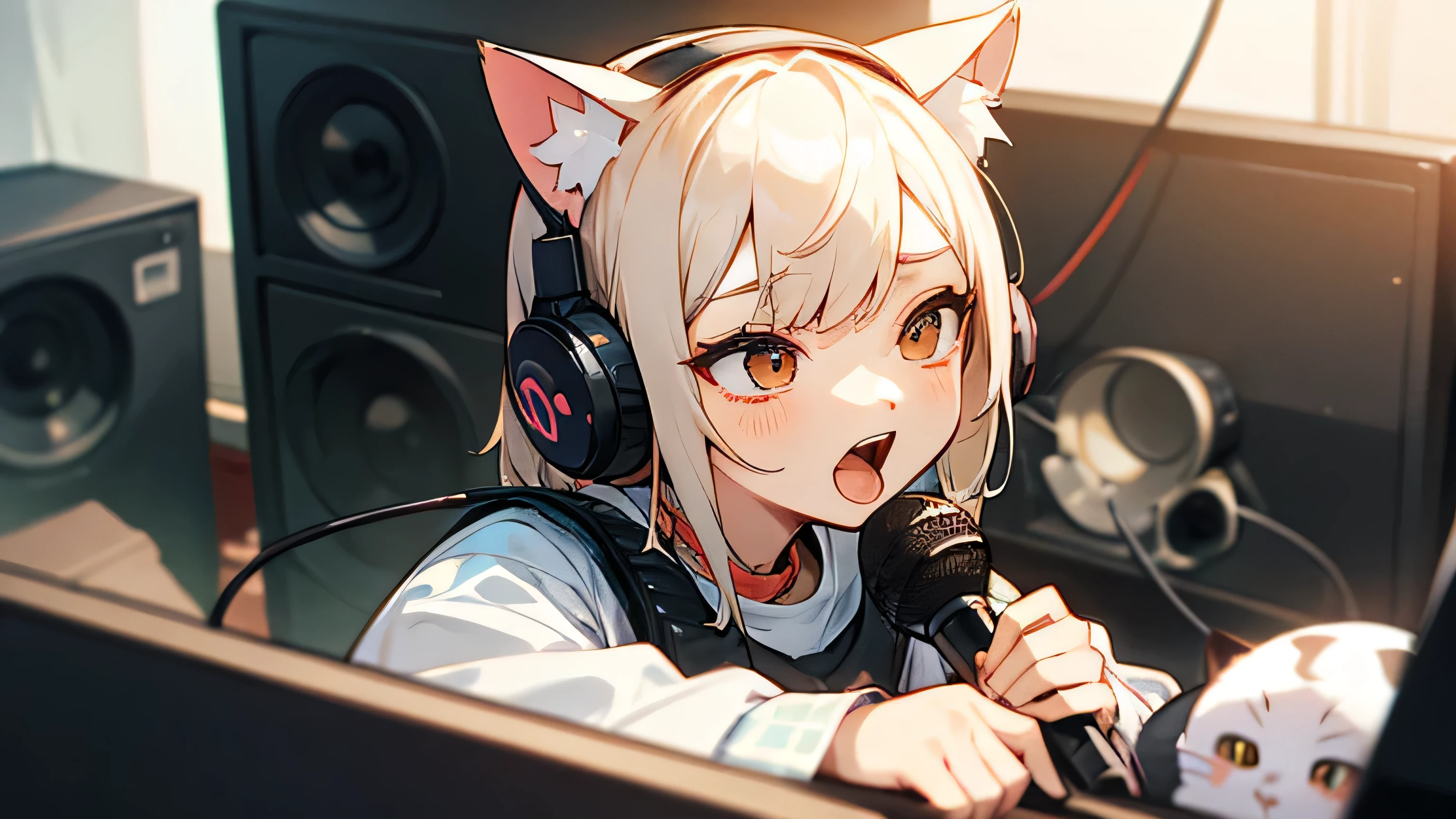 A room with speakers and microphones、Cat with headphones、Upper body close-up、Yawn