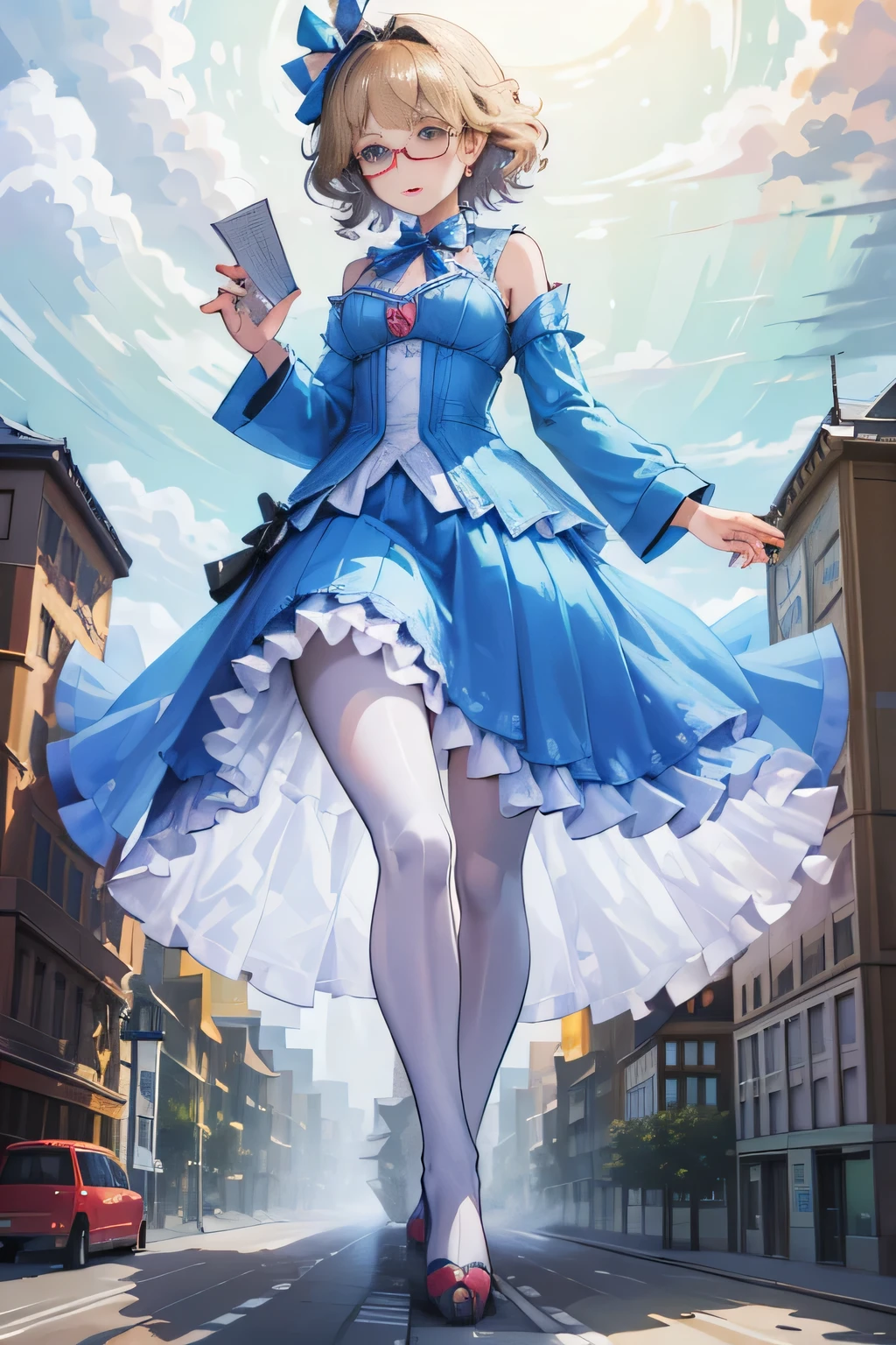giantess art, highly detailed giantess shots, giantess, Two legs, Five fingers, short hair, super giant princess, A beautiful girl who is bigger than any skyscraper, Wearing rimless glasses, Big Breasts, White gorgeous dress, White Pantyhose, white pantyhose, White stiletto sandals, toes visible through pantyhose, Destroying cities, A very small big city, Miniature metropolis, Full body description, GTS, giga giantess, stomping city, crash city, tiny city, micro city, pantyhose feet, High resolution, highest quality, masterpiece, princess dress, 