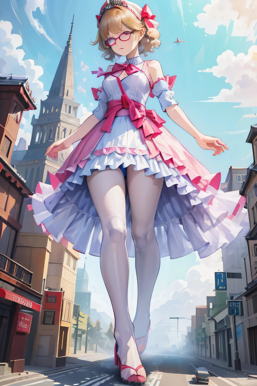 giantess art, highly detailed giantess shots, giantess, Two legs, Five fingers, short hair, super giant princess, A beautiful girl who is bigger than any skyscraper, Wearing rimless glasses, Big Breasts, White gorgeous dress, White Pantyhose, white pantyhose, White stiletto sandals, toes visible through pantyhose, Destroying cities, A very small big city, Miniature metropolis, Full body description, GTS, giga giantess, stomping city, crash city, tiny city, micro city, pantyhose feet, High resolution, highest quality, masterpiece, princess dress,