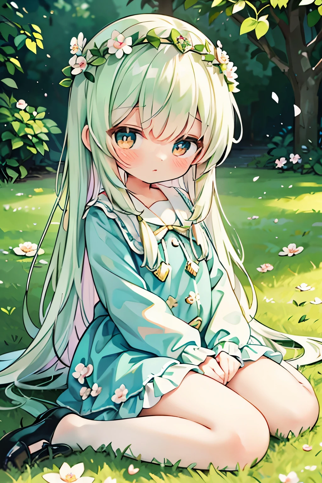 A young girl in a green short skirt，sitting on bed，Legs hugging knees，Showing genitals，shy，beauty，Lots of detail