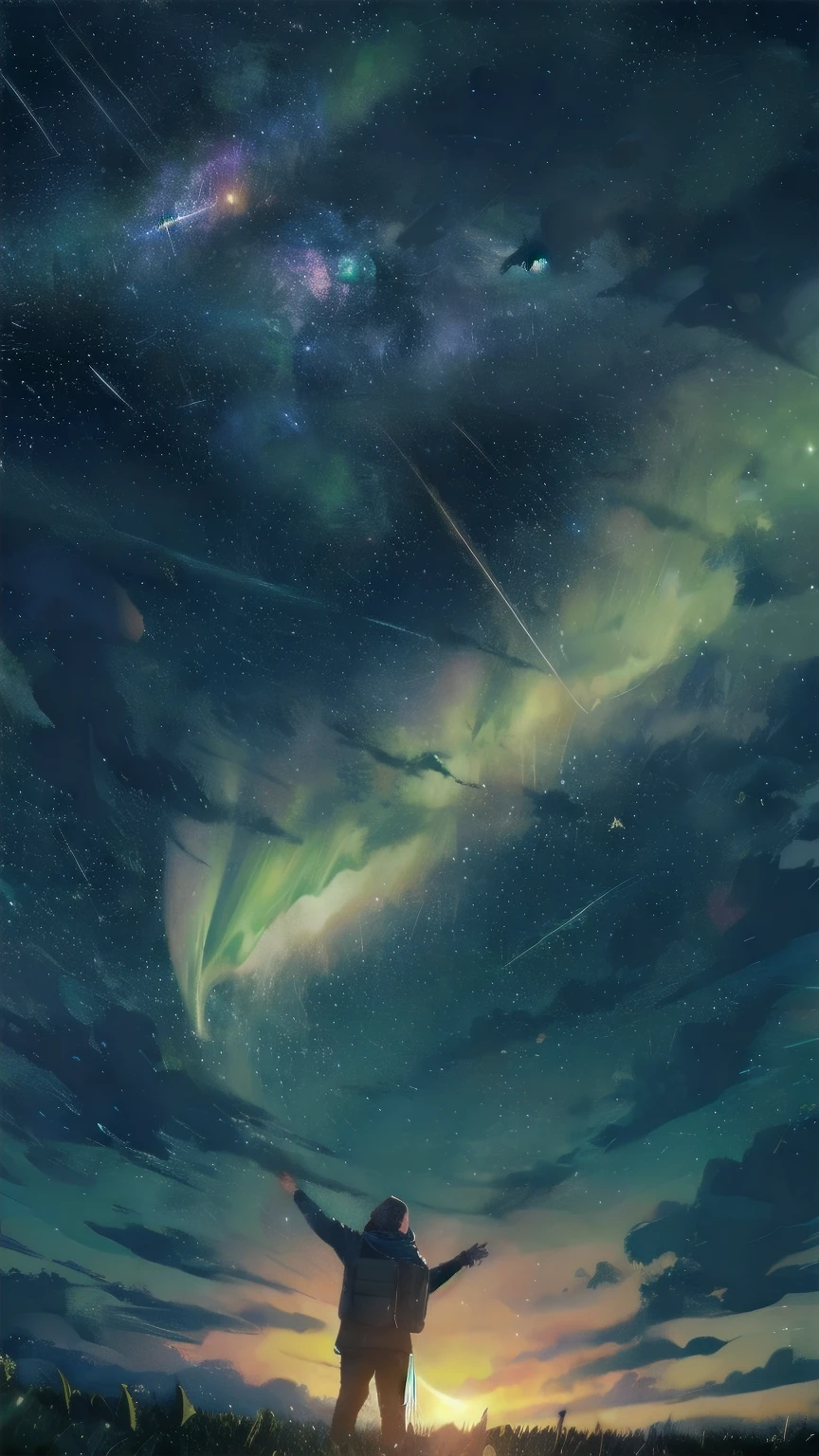 (meteor shower:1.2), (comet:1.1), low angle, from behind, aroura borealis, shooting star, man standing in a field, use hoodie, hat, carrier, best quality, masterpiece, cloud,colorful, starry,stars,