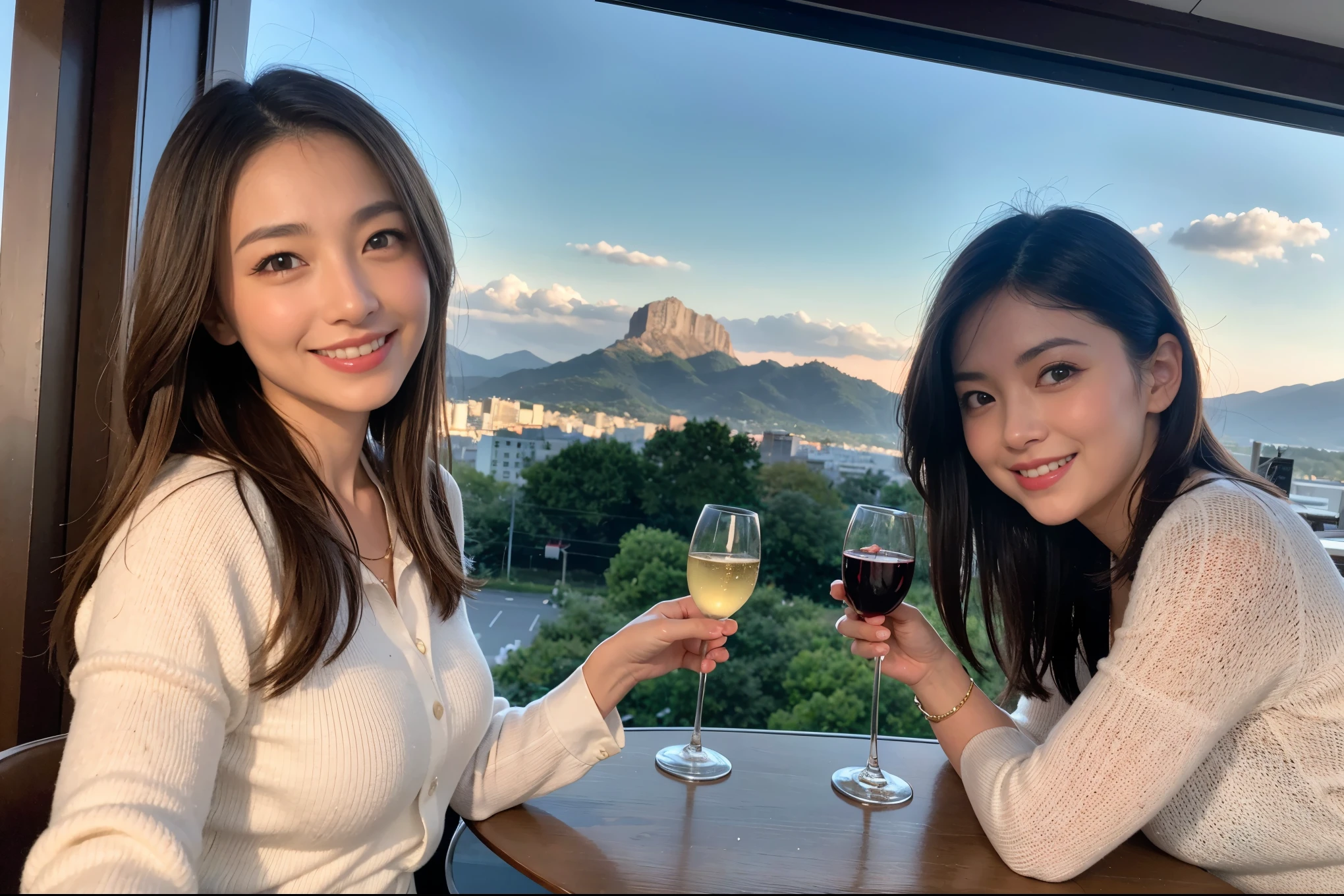 ((highest quality、8k、masterpiece:1.3))、1 male、1 female、Couple、Spouse、石原さとみ似美女Couple、The body is slim、((Bob Hale、Straight hair:1.2)), (Realistic, Intricate details:1.2), テーブルの上のwine glass、Put the light on your face、 Amazing view of the sunset sky and clouds、Amazing mountain views、A bright smile、The wonderfulness of smile、Bright image、The beauty of wine, Beautiful Face, blue eyes, The light shines on your face, Blushing, short hair,Bright Face、 (Age 35), 39 years old, red wine 、Appetizers、Italian food、Wine bottle、Champagne、sparkling wine、Two beauties、Brown Hair、Shortcuts、Long sleeve shirt、dress、Pretty Woman 1, (slimな顔), (The body is slim), (Brown Hair), (Shortcuts), cheeks turn a little red,Attractive beauty、restaurant, In a prominent place (From the waist up) Nova Frog Style, actress, model, Upper Body, White wine, slim, wine glass, 中央に置かれたwine glass, smile, (smile: 1.15), Beautiful fine grain, Depth f/2,saturation, High Contrast, Strong light and shadow,Moist Body:1.5、3D texture、Delicate eyes、Brown Hair、The hair is very shiny、