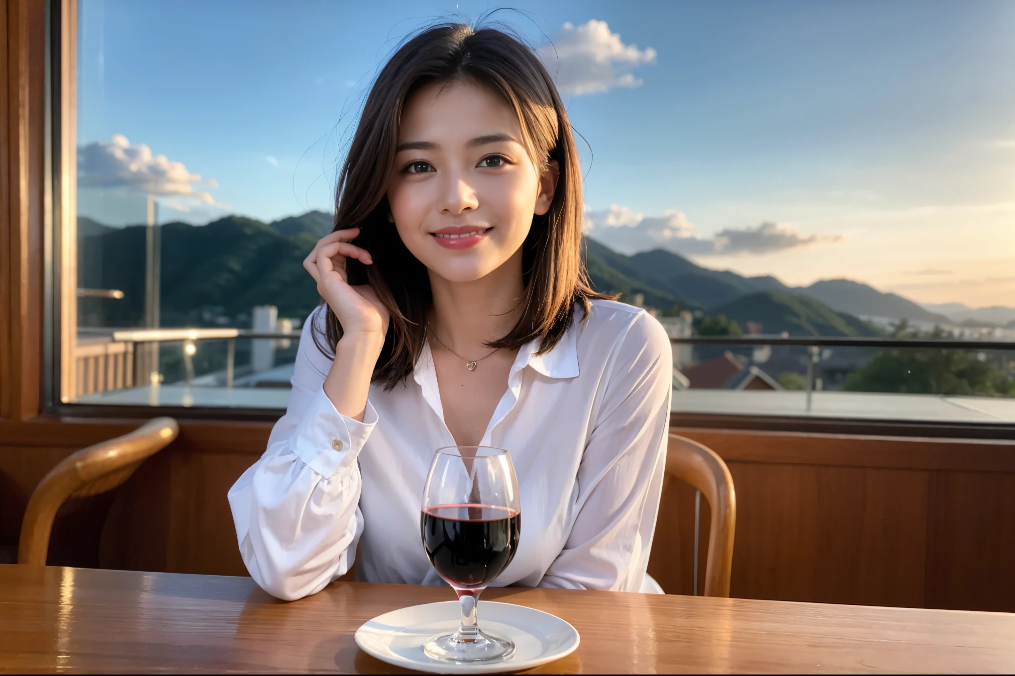 ((highest quality、8k、masterpiece:1.3))、1 male、1 female、Couple、Spouse、石原さとみ似美女Couple、The body is slim、((Bob Hale、Straight hair:1.2)), (Realistic, Intricate details:1.2), テーブルの上のwine glass、Put the light on your face、 Amazing view of the sunset sky and clouds、Amazing mountain views、A bright smile、The wonderfulness of smile、Bright image、The beauty of wine, Beautiful Face, blue eyes, The light shines on your face, Blushing, short hair,Bright Face、 (Age 35), 39 years old, red wine 、Appetizers、Italian food、Wine bottle、Champagne、sparkling wine、Two beauties、Brown Hair、Shortcuts、Long sleeve shirt、dress、Pretty Woman 1, (slimな顔), (The body is slim), (Brown Hair), (Shortcuts), cheeks turn a little red,Attractive beauty、restaurant, In a prominent place (From the waist up) Nova Frog Style, actress, model, Upper Body, White wine, slim, wine glass, 中央に置かれたwine glass, smile, (smile: 1.15), Beautiful fine grain, Depth f/2,saturation, High Contrast, Strong light and shadow,Moist Body:1.5、3D texture、Delicate eyes、Brown Hair、The hair is very shiny、