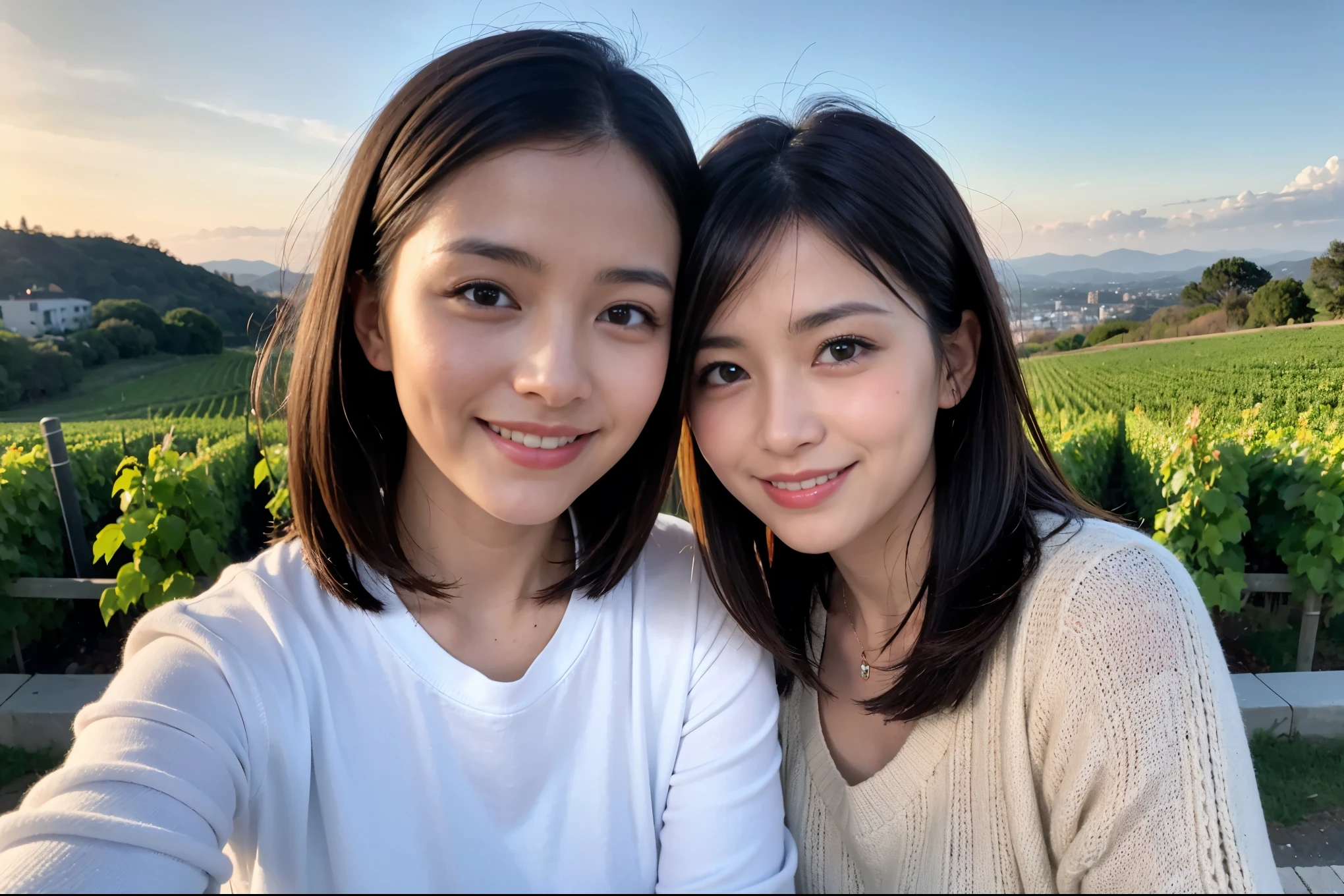 ((highest quality、8k、masterpiece:1.3))、1 male、1 female、Couple、Spouse、石原さとみ似美女Couple、The body is slim、((Bob Hale、Straight hair:1.2)), (Realistic, Intricate details:1.2), テーブルの上のwine glass、Put the light on your face、 Amazing view of the sunset sky and clouds、Amazing mountain views、A bright smile、The wonderfulness of smile、Bright image、The beauty of wine, Beautiful Face, blue eyes, The light shines on your face, Blushing, short hair,Bright Face、 (Age 35), 39 years old, red wine 、Appetizers、Italian food、Wine bottle、Champagne、sparkling wine、Two beauties、Brown Hair、Shortcuts、Long sleeve shirt、dress、Pretty Woman 1, (slimな顔), (The body is slim), (Brown Hair), (Shortcuts), cheeks turn a little red,Attractive beauty、restaurant, In a prominent place (From the waist up) Nova Frog Style, actress, model, Upper Body, White wine, slim, wine glass, 中央に置かれたwine glass, smile, (smile: 1.15), Beautiful fine grain, Depth f/2,saturation, High Contrast, Strong light and shadow,Moist Body:1.5、3D texture、Delicate eyes、Brown Hair、The hair is very shiny、